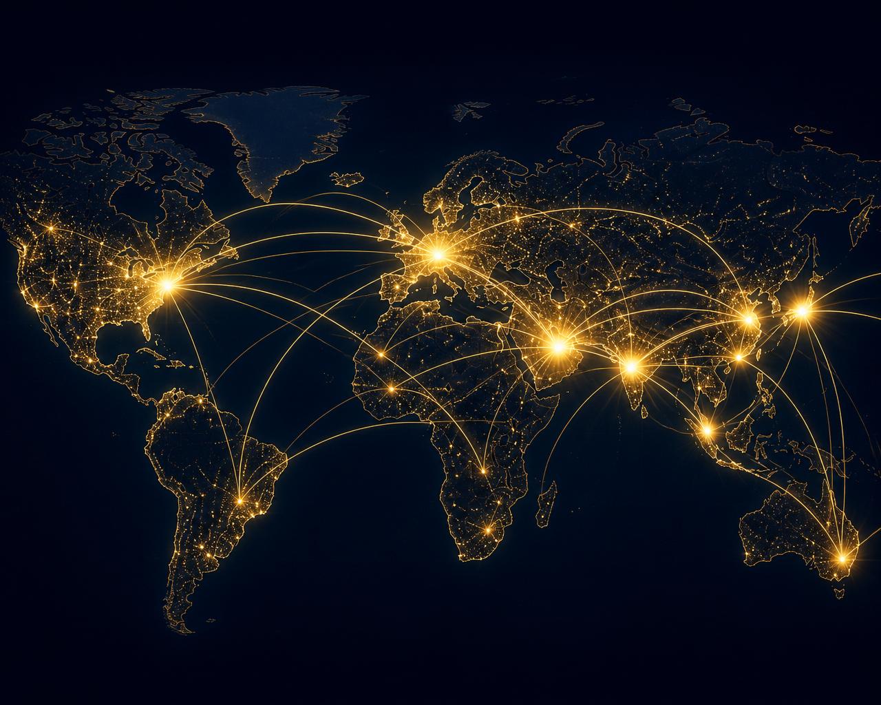 Global network map at night with luminous city lights and connection arcs across major hubs including Mumbai and Dubai